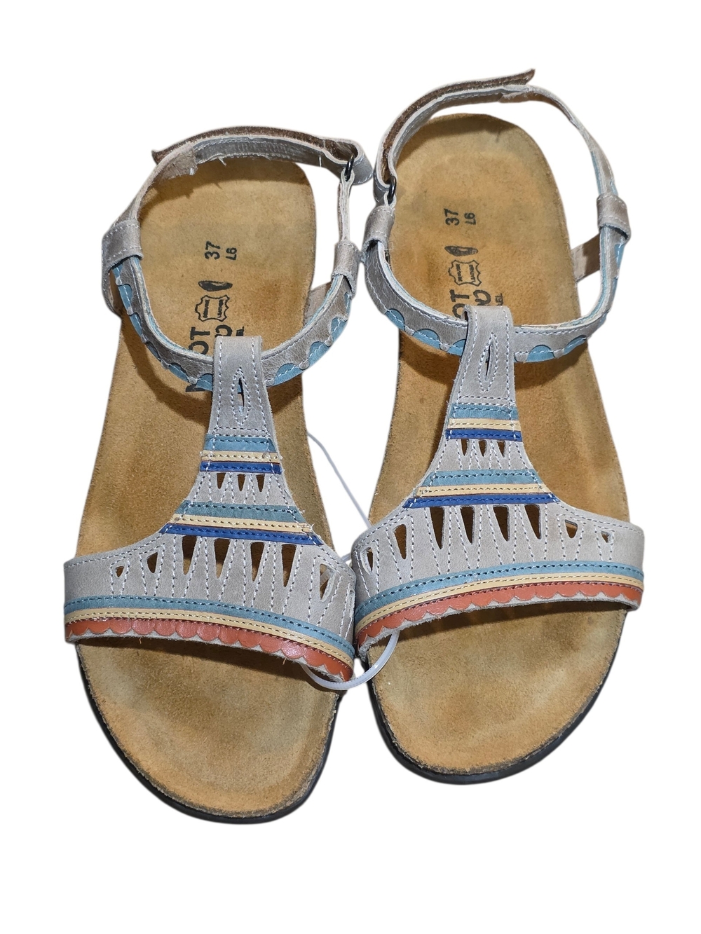 Naot Women's Light Gray Leather T-Strap Sandals with Blue & Coral Accents